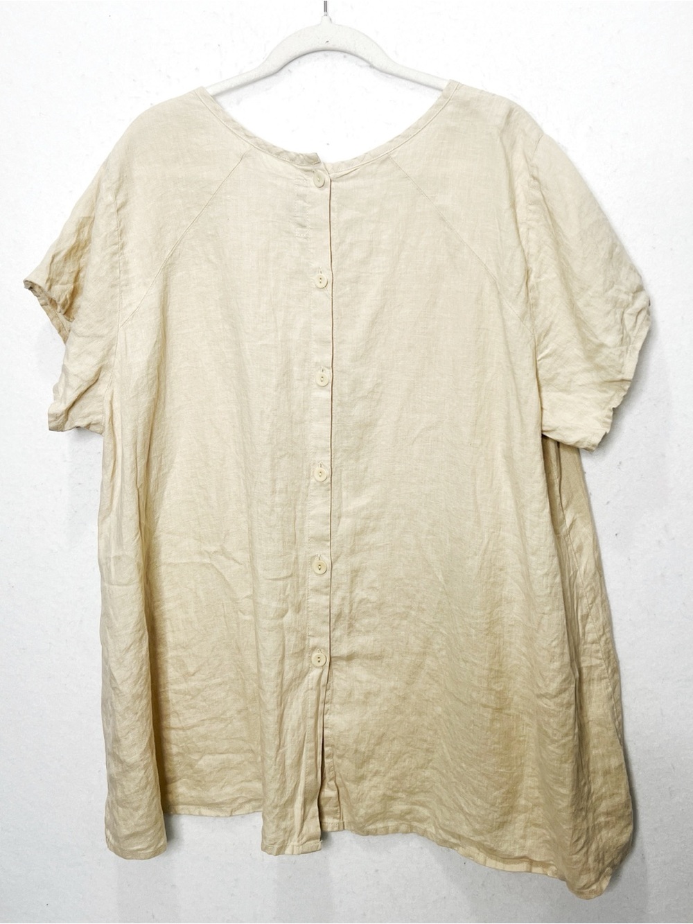 Flax Linen Top 1G Natural Beige Button Back Short Sleeve Oversized Lagenlook - Picture 2 of 6